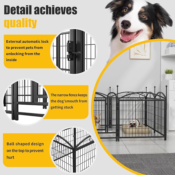 24" Heavy Duty Metal Dog Playpen, 8 Panel Foldable Pet Fence with Door | Rustproof iron & gravity lock door; easy DIY assembly. Foldable & portable for travel, perfect for dogs & pets.