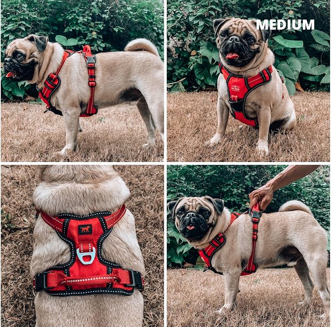 Tuff Pupper No Pull Easy Walk Dog Harness | Heavy Duty Pet Vest | Front & Back Leash Clips | Strong Safety Handle | Reflective Anti Pull Vest | Comfortable Padded Escape Proof Harness (Medium, Red)