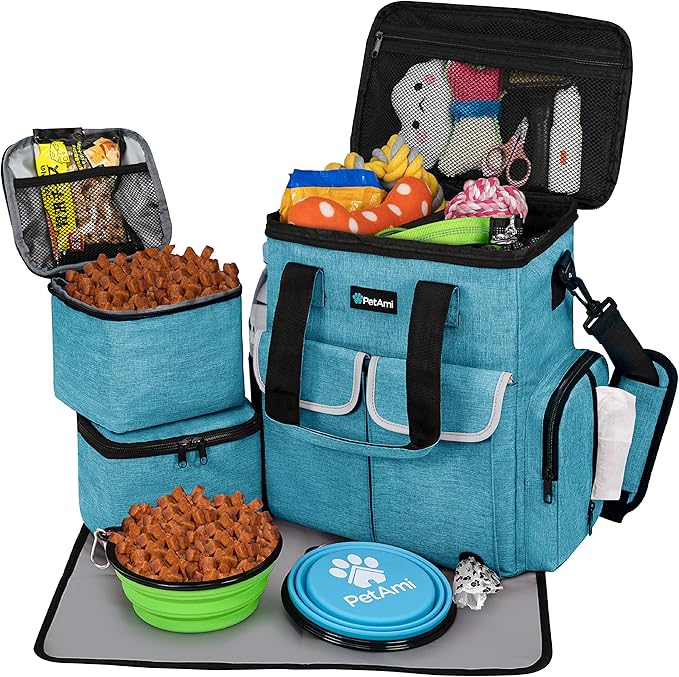 PetAmi Dog Travel Bag Organizer with Food Containers & Bowls, Teal Blue
