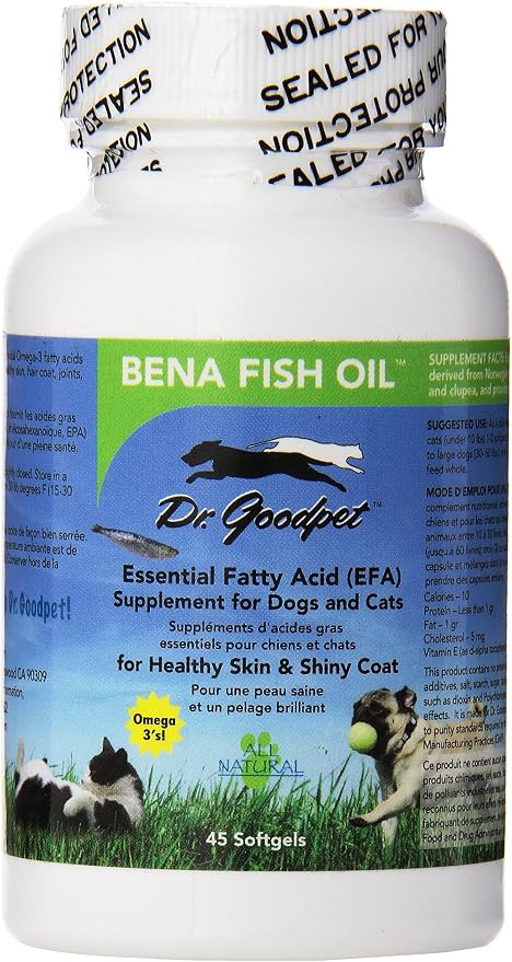 Dr. Goodpet Bena Fish Oil Softgels | Pure Omega-3 EPA & DHA Supplement for Dogs & Cats | Supports Skin & Coat, Joint, Brain, Heart & Eye Wellness | 45 Count