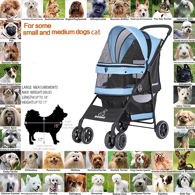 ROODO 4-Wheel Pet Stroller - Sky Blue, up to 30lbs, All-Terrain