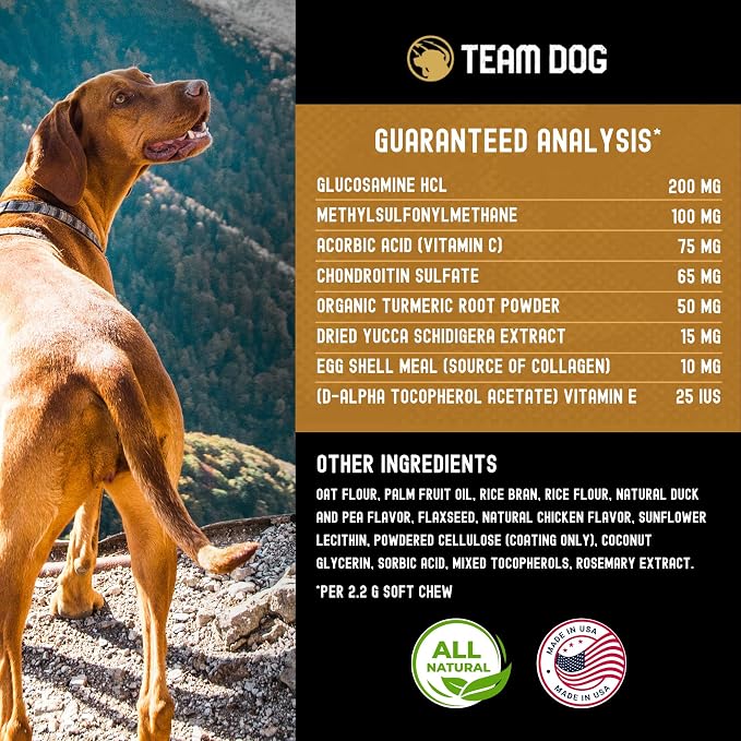 TEAM DOG Hip and Joint Chews for Dogs | Arthritis & Joint Support Supplements for Dogs | MSM, Chondroitin & Glucosamine | Small, Medium & Large Breed | Chicken, Duck & Pea Flavor | 120 Count