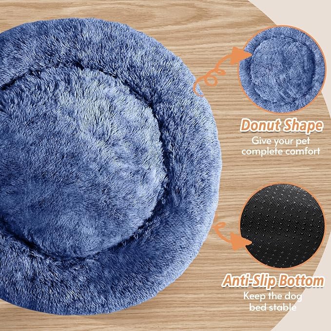 JOLLYVOGUE 36" Calming Donut Dog Bed, Navy Blue