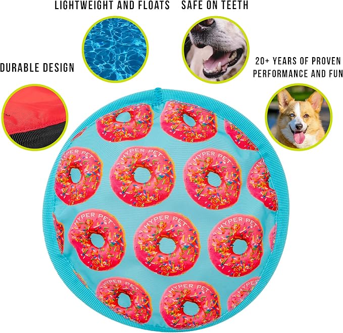 Hyper Pet Flippy Flopper Flying Disc Soft Dog Toy, 9 Inches, Donut Design | Safe on teeth for all breeds, stays on the water surface for pool and lake fetch games, keeps pups leaping and chasing daily