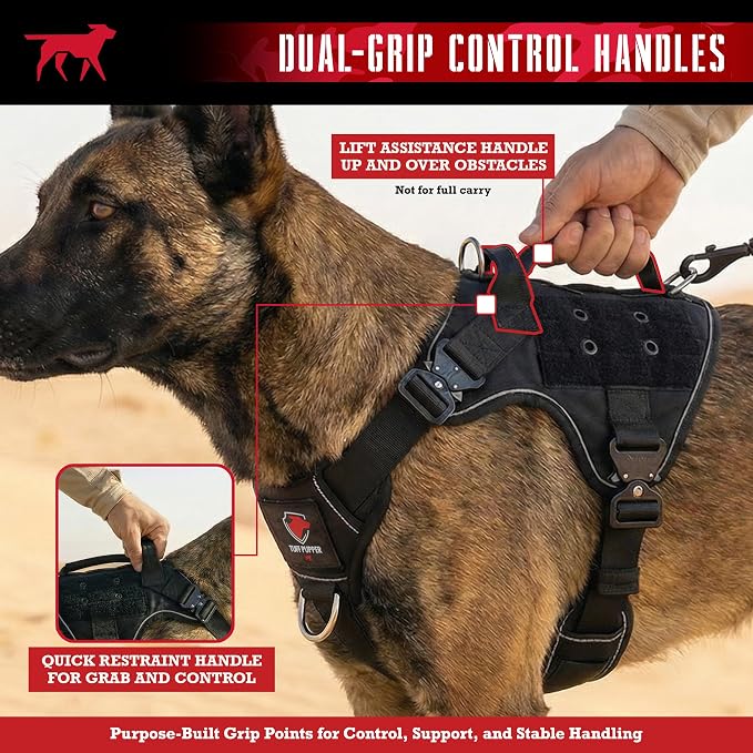 Tuff Pupper Elite Tactical Dog Harness | Dual Control Handles | Front & Back D-Rings | Fully Adjustable | Military Cobra Buckles | Heavy Duty Nylon Vest | Reflective MOLLE Dog Harness for Small Dogs