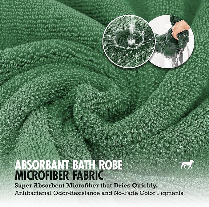 Tuff Pupper Fast Drying Dog Bath Robe | 800 GSM Plush Dog Towel Bathrobe/Dressing Gown | Super Absorbent Pet/Puppy Bathrobe | Adjustable Hood & Belly Strap | Super Soft | Fast Drying (L, Green)