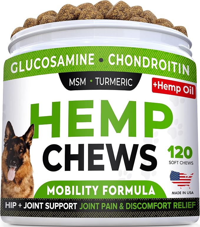 Glucosamine for Dogs w/Chondroitin - Hip & Joint Supplement for Dogs w/Omega-3 Fish Oil - Chondroitin MSM - Advanced Mobility Chews - Joint Pain Relief - Hip & Joint Care - Made in USA (120 Ct)