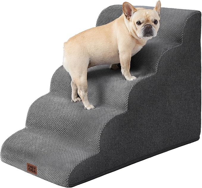 EHEYCIGA Curved Dog Stairs Ramp for High Beds, 5-Step Extra Wide Dog Steps for Small Dogs and Cats, Pet Stairs for High Bed Climbing, Non-Slip Balanced Pet Step Indoor, Grey