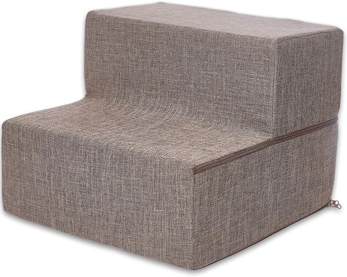 Best Pet Supplies Non-Slip Foam Dog Stair & Pet Ramp, Balanced Indoor Step Support - Foldable Stair, Brown Linen, 2-Step