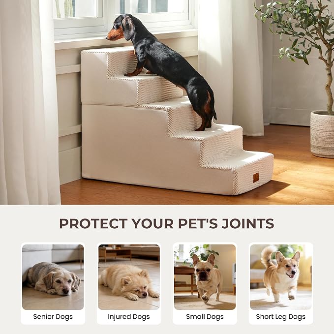 Dog Stairs for Small Dogs 22.5" H, 5-Step Dog Steps for High Bed and Couch, Pet Steps Ramp for Puppy and Cats, Non-Slip Stable Indoor Pet Ladder for Sofa and Chair, Beige