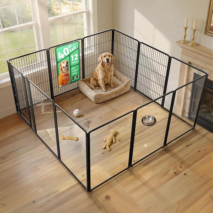 FXW AuraSpace Pro Acrylic & Wire Mesh Indoor Dog Playpen, 40" Height 12 Panels Metal Dog Pen for Medium and Large Dogs, Black│Patented