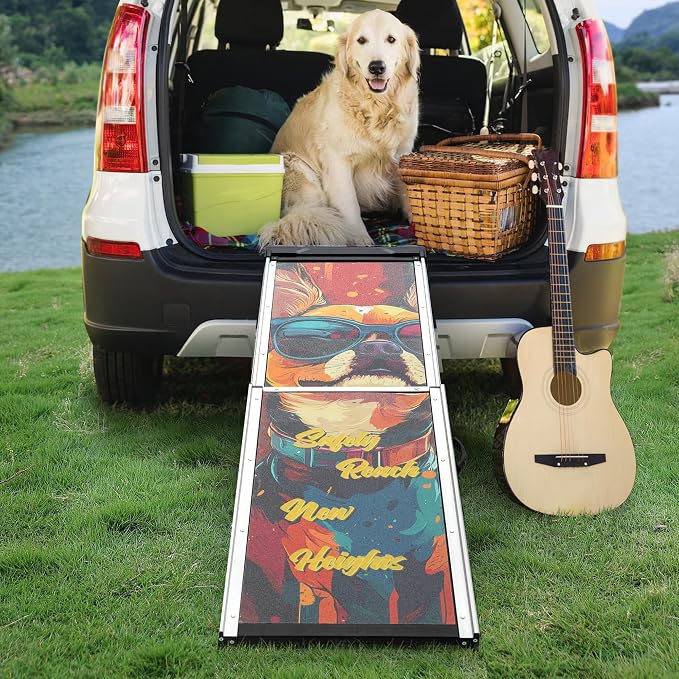 COZIWOW Telescoping Dog Car Ramp for Large Dogs - Heavy-Duty Aluminum Pet Ramp with High-Traction Surface, Anti-Slip Steps for Cars/Trucks/SUVs,Adjustable Sizing,330LB Load Capacity (63.5" L)