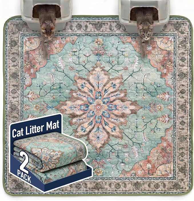 Hompet Cat Litter Mat 2 Pack, 72x72 Large Machine Washable Trapping Mats for Cats, Super Absorbent & Urine-Proof Cat Litter Box Mat for Floor, Waterproof & Non Slip Kitty Litter Rug