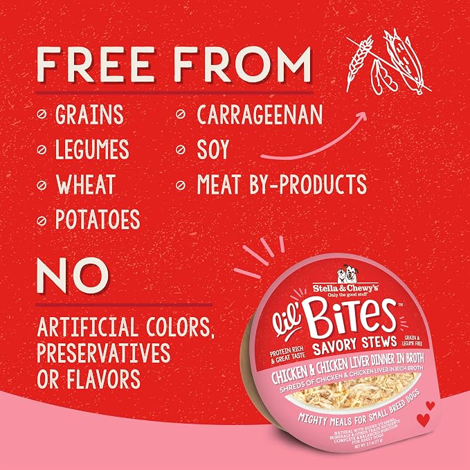 Stella & Chewy's Lil Bites Savory Stews for Small Breeds Chicken & Chicken Liver Dinner in Broth,2.7 oz. Cups,(Pack of 24)