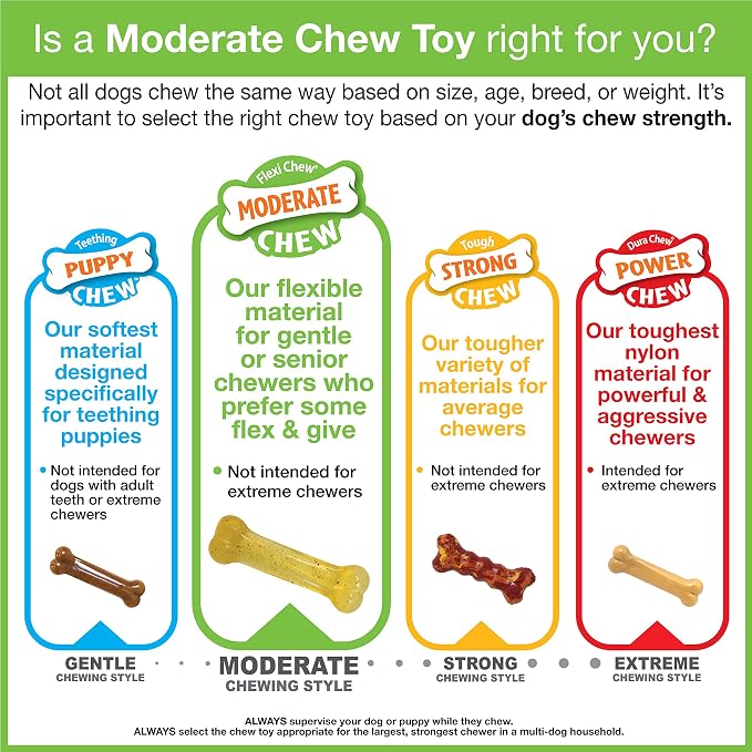 Nylabone Flexi Chew Original Bone & Textured Bone Dog Chew Toys, 2 Count | Chicken flavor, medium breeds, flexible material, gentle on teeth, freezable, great for seniors, for dogs up to 35 lbs