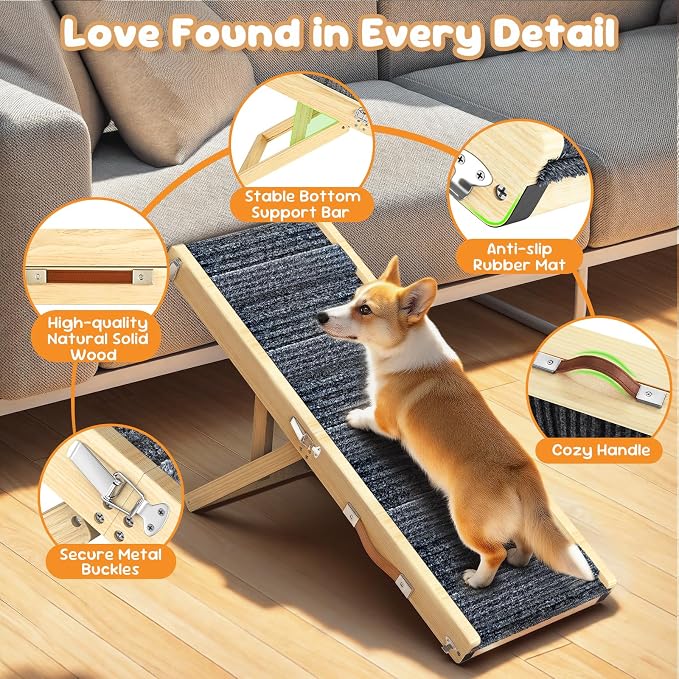 Pawaboo Foldable Dog Ramp, Small Dog Ramp for Couch, 4 Adjustable Height from 13'' to 21", Stable Pet Steps with Non-Slip Pad, Portable Pet Ramps Use for Couch Sofa Stairs, Wood