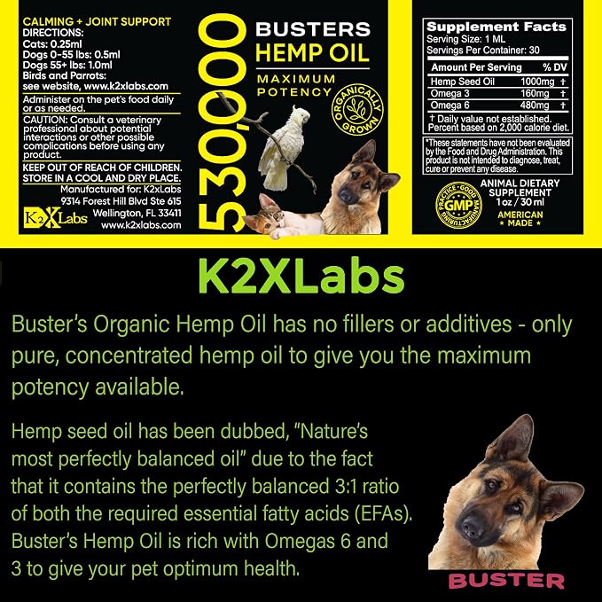 Buster's Hemp Oil for Dogs & Cats, Calm, Joint, Coat, 2-Pack 30ml
