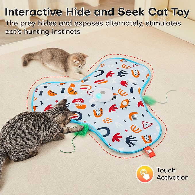 Potaroma Hide and Seek Interactive Cat Toys | Moving Concealed Wand Feather, Automatic Chargeable Indoor Kitten Exercise Kicker, Mouse Squeaky, Floral Cover