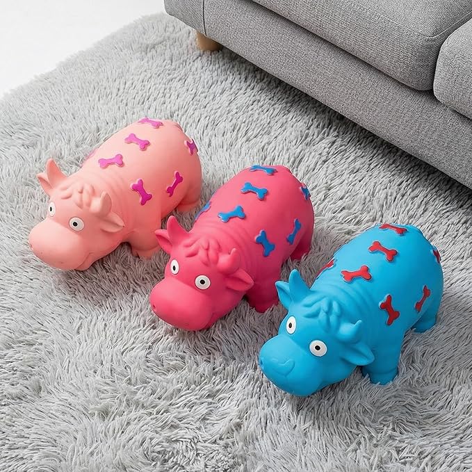 3 Pack Pig Squeaky Dog Toys, Durable Natural Latex Rubber | Piggy Shape, Grunting Sounds for Small Medium Large Dogs, Interactive Chew Toys with Oinking, Decorative Pink and Blue