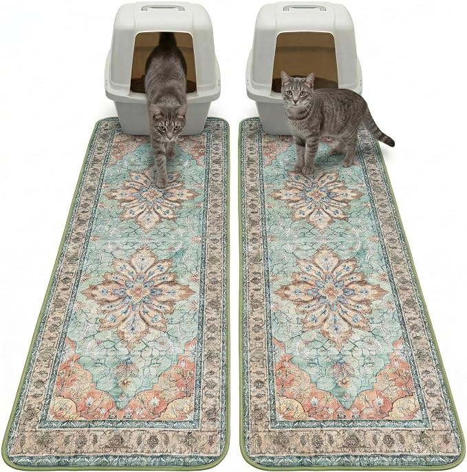 Hompet Cat Litter Mat 2 Pack, 20x60 Large Machine Washable Trapping Mats for Cats, Super Absorbent & Urine-Proof Cat Litter Box Mat for Floor, Waterproof & Non Slip Kitty Litter Rug