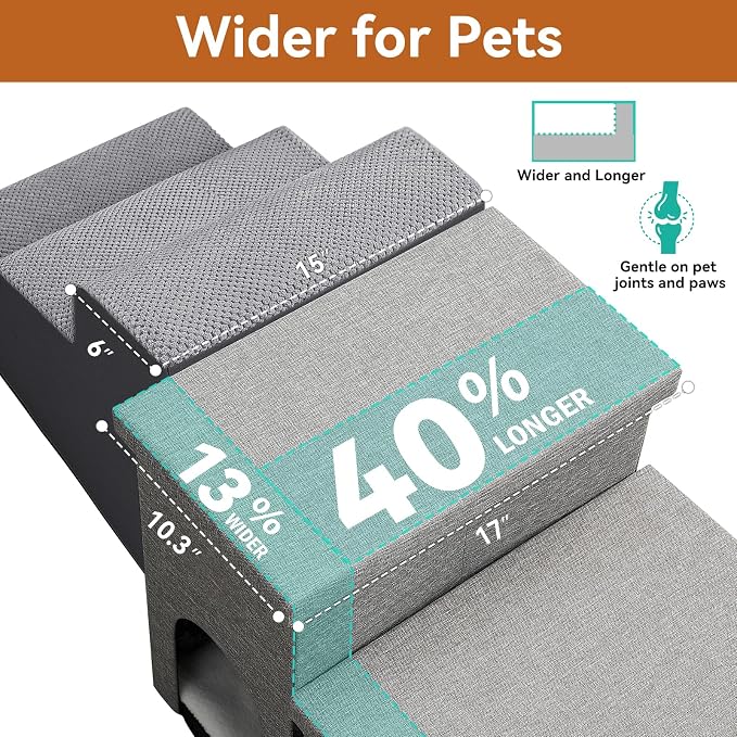 Zerbuger Dog Stairs 15" H, 2-Step Wider Dog Steps for Small/Medium/Large Old Dogs Cats, Folding Sturdy Storage Pet Stairs Climbing Bed Couch, Dog Ramp for Car Hold Up to 150 lbs(Gray, with Condo)