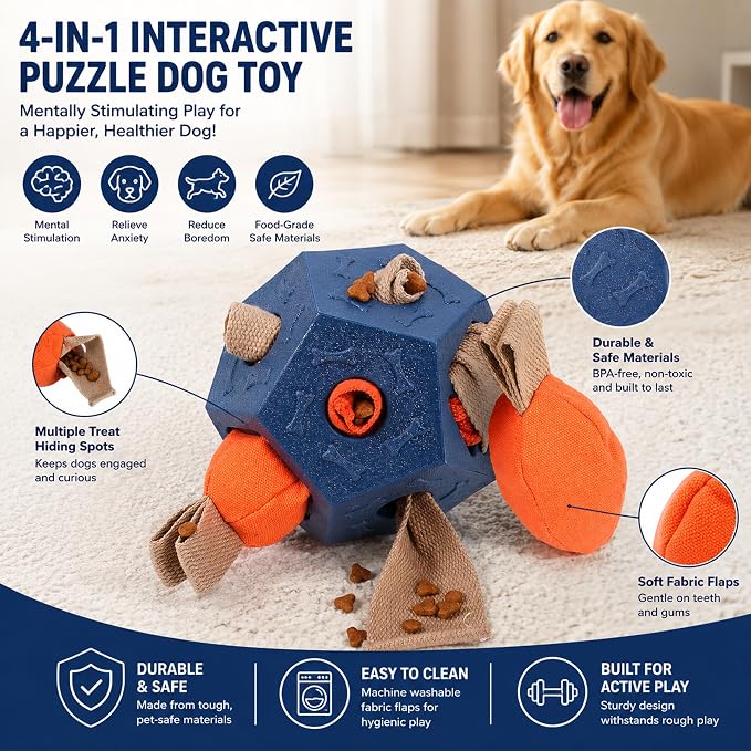 Dog Snuffle Ball - Upgrade Ball Interactive Puzzle Dog Toys, Foraging Truffle Pads Puppy Snack Dispenser Slow Feeder Suitable for Any Size Pet with Squeaky Carrot Toys (Blue)