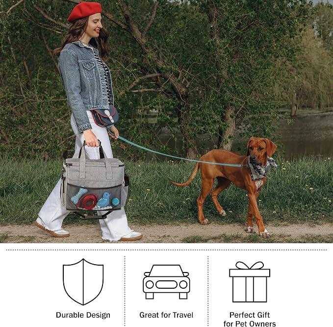 Dog Travel Bag - Cat and Dog Storage Organizer with Pockets, Mat, 2 Food Containers, and 2 Large Collapsible Travel Dog Bowls by PETMAKER (Gray)
