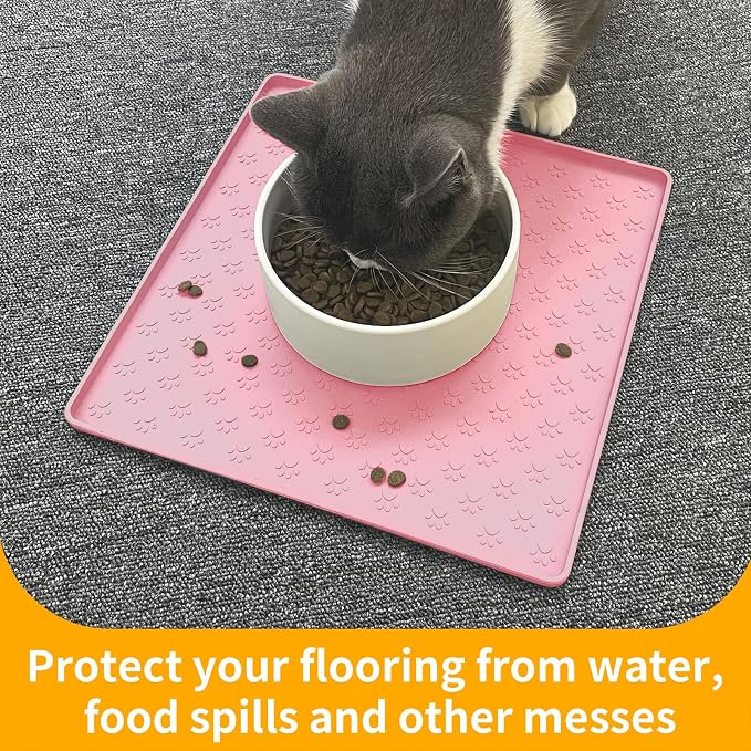 Ptlom Pet Placemat for Dog and Cat, Waterproof Non-Slip Silicone Feeding Bowl Mat Prevent Food and Water Overflow, Puppy Dish Feeder Fountain Trays Suitable for Medium and Small Pets, Pink