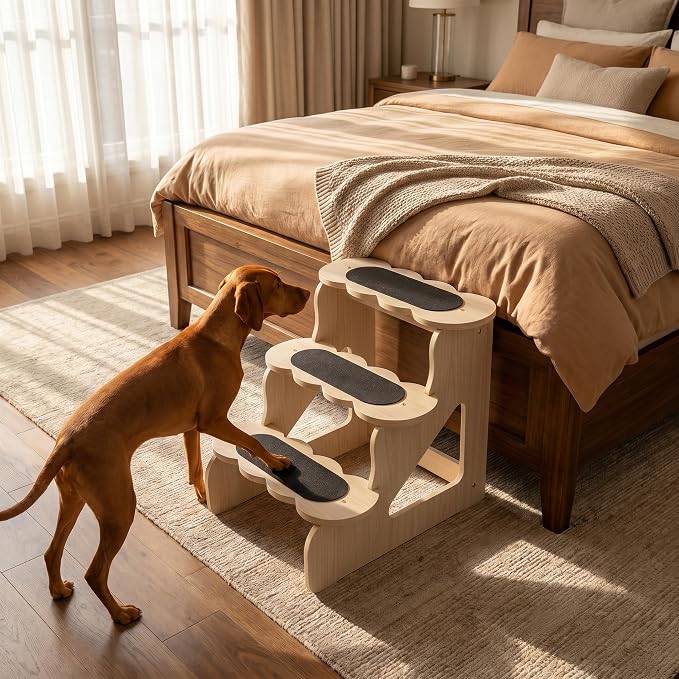 Wood Dog Stairs 22⅞" D x 17½" W x 16½" H,YellowMaple Pattern | Trainer-Recommended Wood Ramp Steps – Sturdy Support for Small & Senior Dogs
