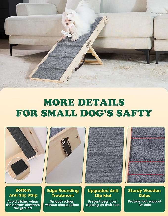 Dog Ramp Dog Stairs for Small Dogs Foldable Dog Ramp with 4 Adjustable Heights from 7.48'' to 15.35" Wood Stairs with Non Slip Carpet Portable Pet Ramp for Couch, Sofa, Low Bed (Natural Wood)