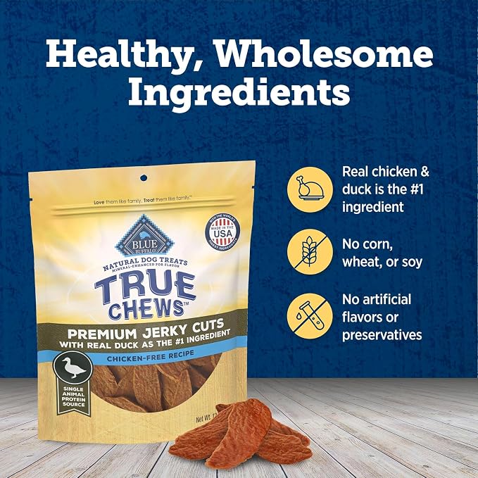 Blue Buffalo True Chews Premium Jerky Cuts with Real Duck, Chicken-Free Natural Dog Treats, Mineral-Enhanced for Flavor, 12 oz. Bag