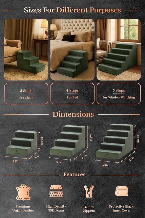 Noah & Paw Dog Stairs, Dog Ramp for Bed (20" Extra Wide) Pet Stairs for High Bed, Design to Fit Small and Large Breeds, Durable 5 Pet Steps for Couch (35 Foam Density) Leather Collection