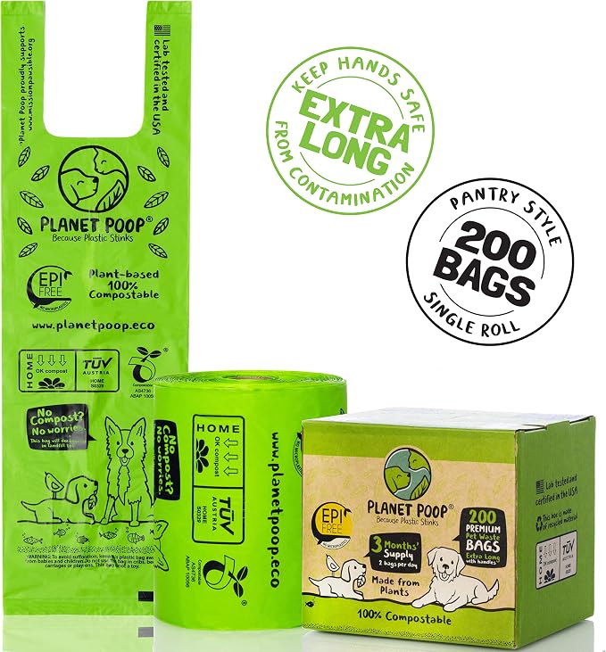 PLANET POOP Home Compostable Dog Poop Bags Extra Long with Handles | Large Single Roll 200 Count Grab & Go | Un-scented Waste Bag | Leakproof Doggy & Cat Bags | Plant-Based Pet Supplies