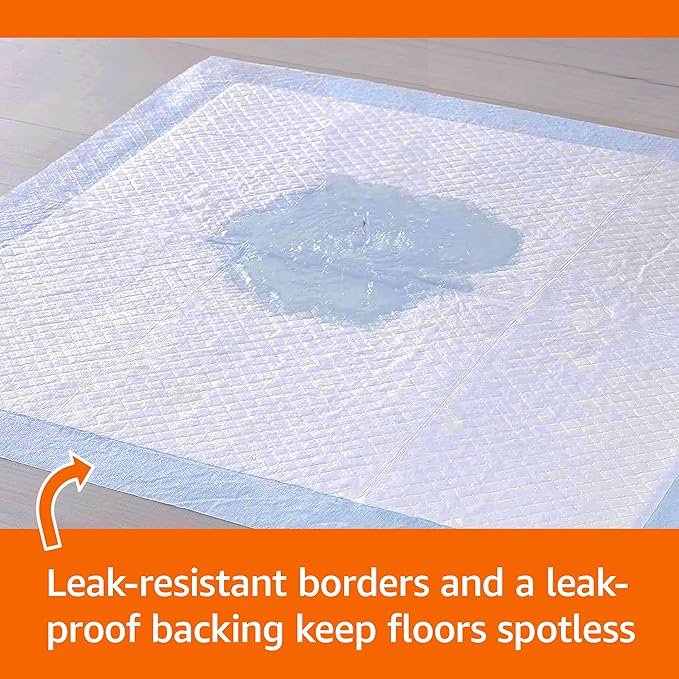 Amazon Basics Super Absorbent Dog and Puppy Potty Pads, Leak-Proof 5-Layer Design with Quick-Dry Surface for Housebreaking, Heavy Duty Absorbency, X-Large, 28 x 34 Inch, Blue & White, 25-Pack