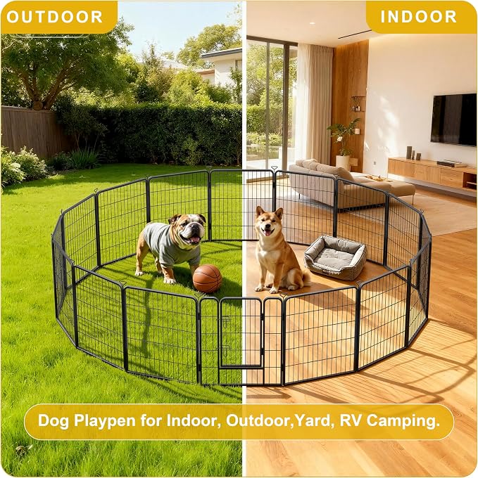 Heavy-Duty Iron Dog Playpen, Outdoor/Indoor, 32in, 8 Panels, Black Silver