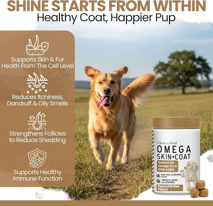 Omega 3 Fish Oil for Dogs, Peanut Butter - 180 Soft Chews for Skin and Coat