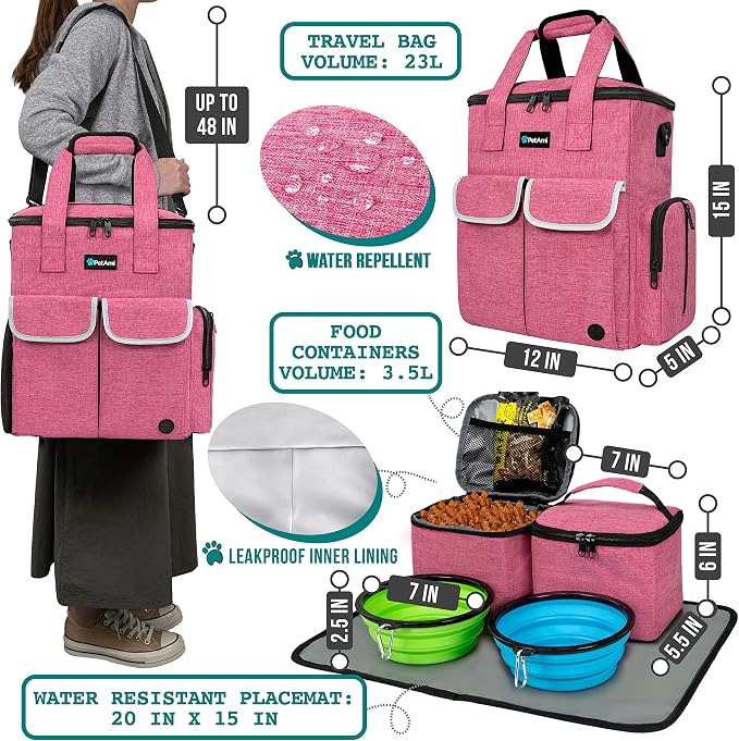 PetAmi Dog Travel Bag Organizer with Food Containers & Bowls, Pink