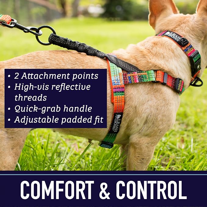 Leash Boss Dog Harness for Large Dogs - Lightweight No Pull Front Clip Reflective Harness - Large, Orange Blanket Pattern - Shock Absorbing Bungee Clip - Reflective Stitching for Nighttime Visibility