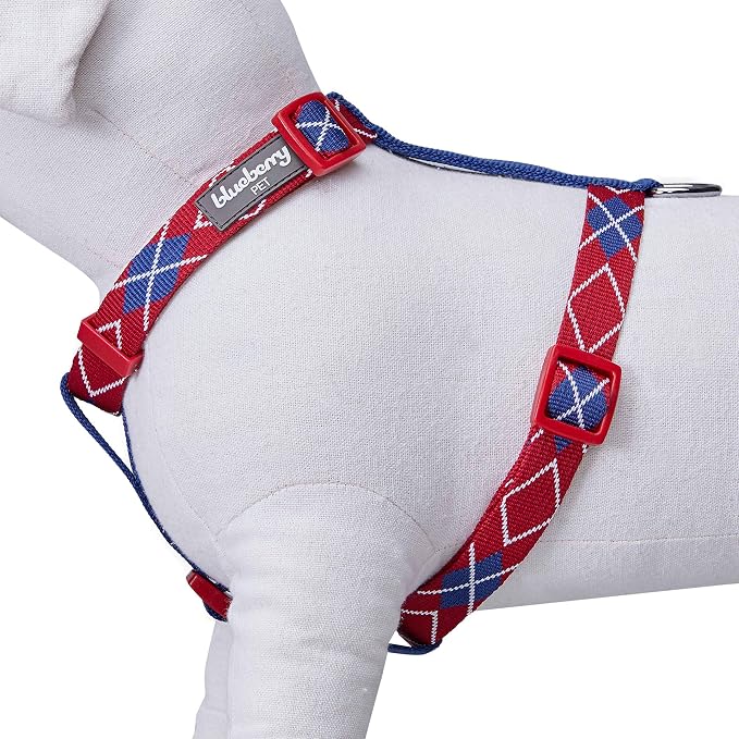 Blueberry Pet Scottish Argyle Dog Harness, Merlot Red, Small, Adjustable Harnesses for Dogs