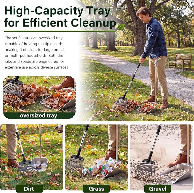 Dog Pooper Scooper for Large Dogs with Heavy Duty Stainless Steel Large Capacity Tray and 45" Carbon Steel Long Handle Rake, Rust-Proof Poop Scoop Set for Grass, Concrete and Gravel