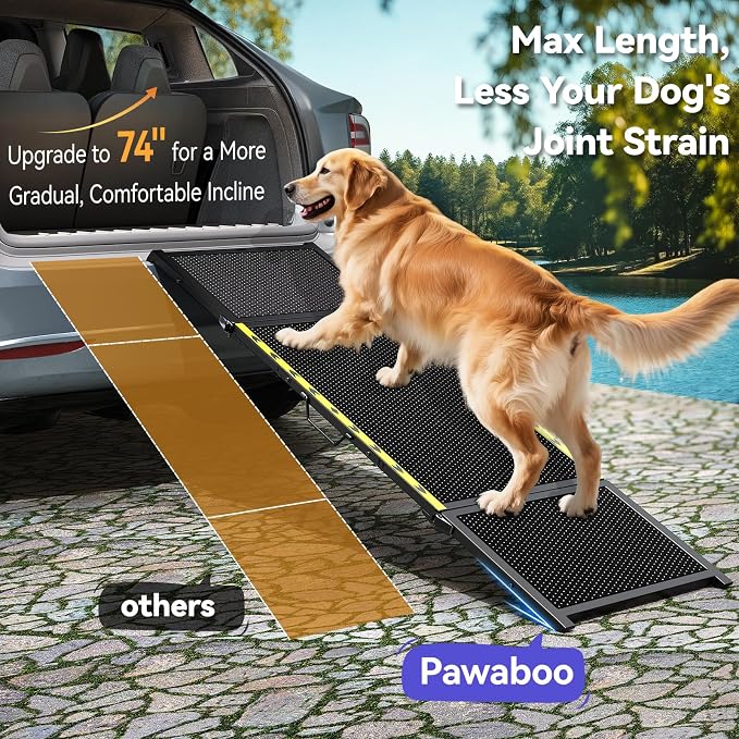 Pawaboo 74" L & 20" W Longest Dog Ramp for Car Foldable | Extra Wide Portable Pet Dog Ramps for Large Dogs, Dog Car Ramp for SUV/Truck/RV, Lightweight Ramps with Non-Slip Mesh, Black