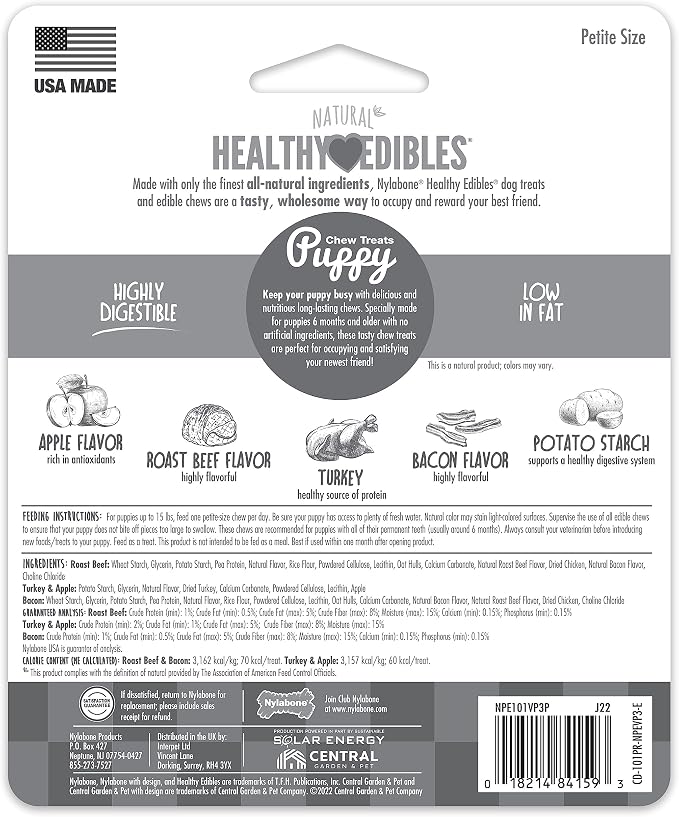 Nylabone Healthy Edibles Natural Puppy Chews Long Lasting Treats for Puppies, Roast Beef, Apple & Bacon Flavor, X-Small/Petite (3 Count)