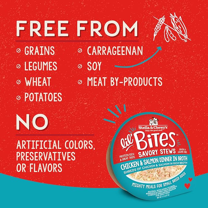 Stella & Chewy's Lil Bites Savory Stews for Small Breeds Chicken & Salmon Dinner in Broth,2.7 oz. Cups,(Pack of 24)