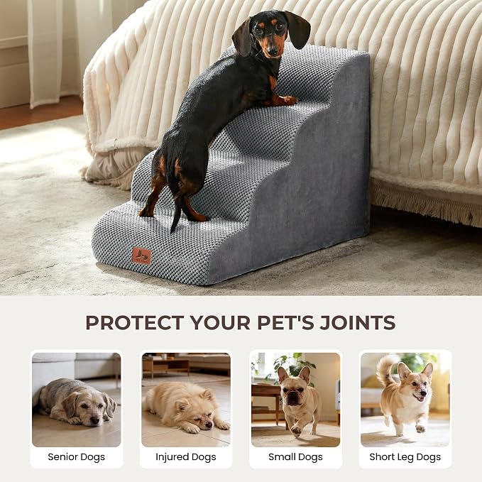 Dog Stairs for High Bed 18" H, 4-Step Dog Steps for Small Dogs and Cats, Pet Steps Ramp for Couch Sofa, Non-Slip Stable Indoor Pet Ladder with High Density Foam, Grey