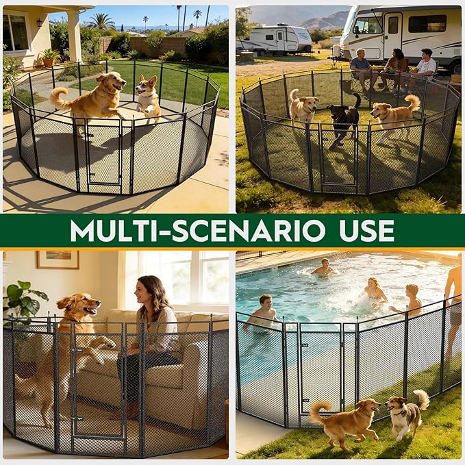 Dog Fence with Safety Mesh, 32in 16 Panels, Black-Silver