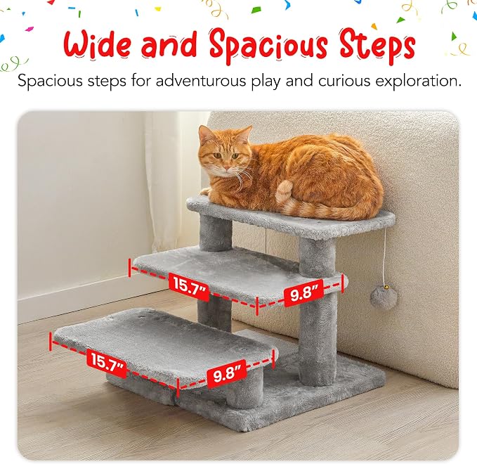 15''H Multi-Step Pet Stairs for High Beds & Sofas, 3-Step Cat Stairs with 2 Toy Balls, Wide Boards for Indoor Kittens Dogs Pets Climbing, Light Grey