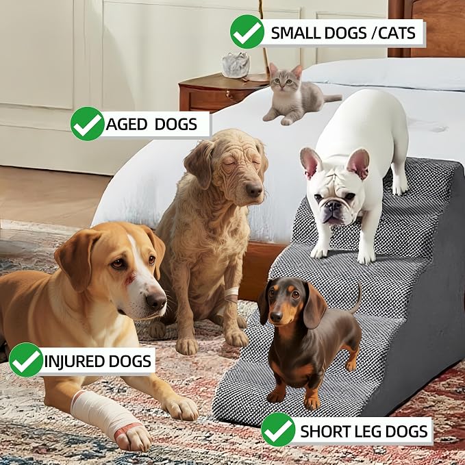 5 Step Pet Stairs Ramp for High Beds Sofas 23-30 Inch with Sturdy Non Slip Waterproof Pads, Machine Washable Cover Indoor Balanced Design for Cats Dogs Small Medium Large XL Pets Grey Large