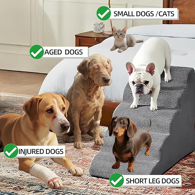 5 Step Pet Stairs Ramp for High Beds Sofas 23-30 Inch with Sturdy Non Slip Waterproof Pads, Machine Washable Cover Indoor Balanced Design for Cats Dogs Small Medium Large XL Pets Brown, Large,