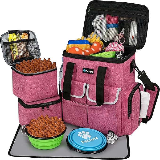 PetAmi Dog Travel Bag Organizer with Food Containers & Bowls, Pink