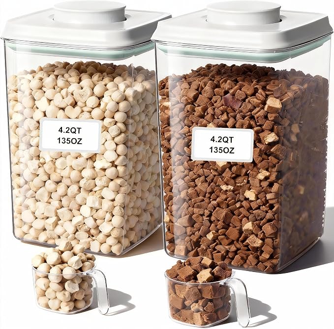 3-5 Lbs Dog Food Storage Container with 130ml Scoop, 5 Lbs, silicone / PET Plastic